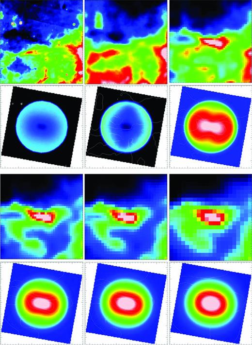 305.798−0.097 – Upper row: observational images of the infrared dark core at (left–right) Spitzer 8 m, PACS 70 m and PACS 160 m. Second row: modelled images at 8, 70 and 160 m. Third row: observational at SPIRE 250, 350 and 500 m. Lower row: modelled images at 250, 350 and 500 m. All images are ∼0.05°× 0.05° in size, equivalent to 2.56 pc × 2.56 pc.