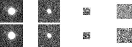 Difference imaging results when using a delta-function basis. Columns are the same as in Fig. 1. Row 1: results when using an unregularized delta-function basis. Row 2: results when the images are misregistered by 3 pixels in both coordinates.