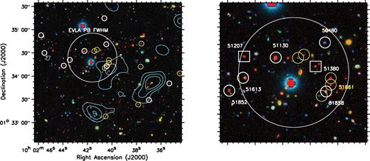 Left: Bi′K colour composite of a 3 × 3 arcmin2 region around the candidate cluster centre. Cyan contours show the XMM–Newton X-ray emission at 2σ, 3σ and 4σ significance. White circles show spectroscopically confirmed galaxies with redshifts zspec = 1.470–1.595. Yellow circles represent spectroscopically confirmed galaxies with zspec = 1.2–1.8. A large 30 arcsec radius circle indicates the location and field of view of our deep JVLA observations of the molecular gas. Right: close-up to the central 80 × 80 arcsec2 around the JVLA pointing position. Labels indicate the sources ID tags.