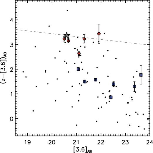 Colour–magnitude diagram (z − [3.6] versus [3.6]) of galaxies located within r200 (0.9 arcmin) from the centre of the cluster candidate. The grey dashed line shows a model red sequence for a cluster formation redshift of zf = 3 from Lidman et al. (2008). The grey star symbol represents the characteristic magnitude m⋆ for passively evolving galaxies. Blue filled squares correspond to galaxies in the redshift range z = 1.5–1.7. The red filled circles represent galaxies located in the same redshift range but identified to belong to the forming red-sequence. Small black circles show background/foreground galaxies in the field.