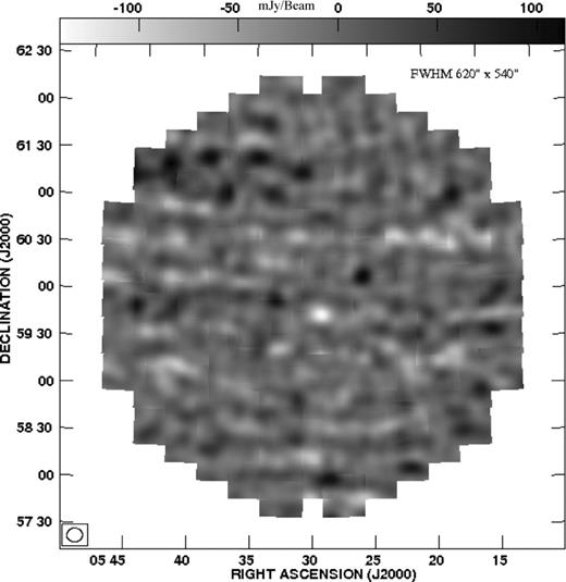 The image where we tapered the uv plane at |U | = 200. The synthesized beam has a FWHM of 620 × 540 arcsec2. All the genuine point sources were removed down to 10 mJy level. Diffuse structures begin to appear on >10 arcmin scales. The brightest structures in this map are at a ∼5σ level compared to the local rms of 23.5 mJy beam−1.