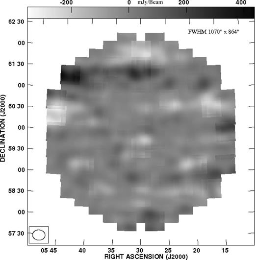 The image where we tapered the uv plane at |U | = 100. The synthesized beam has a FWHM of 1070 × 864 arcsec2. All the genuine point sources were removed down to 10 mJy level. The brightest structures in this map are at a 10σ level compared to the local rms of 35 mJy beam−1.
