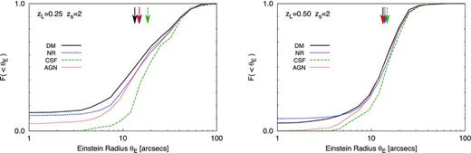 The probability distribution for Einstein radii combining 50 lines of sight through each of the unrelaxed clusters in the sample. The source redshift is zs =2. In the left-hand panel, we show the results for clusters at zL =0.25; in the right-hand panel, we show the results for clusters at redshift zL =0.5.