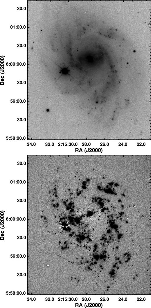 R band (top) and continuum-subtracted Hα (bottom) images of NGC 864, taken with ACAM.