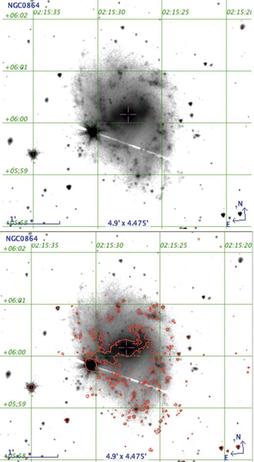 Top: 3.6µm S4G image. Bottom: the same with Hα contours at 1.1 × 1036 erg s−1, taken from the ACAM image.
