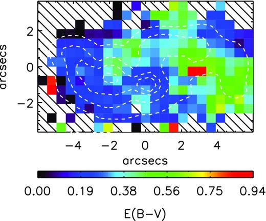 Map of E(B − V) for UM 448, derived from the integrated flux of H i emission lines. Integrated light Hα emission line contours are overlaid. North is up and east is to the left.