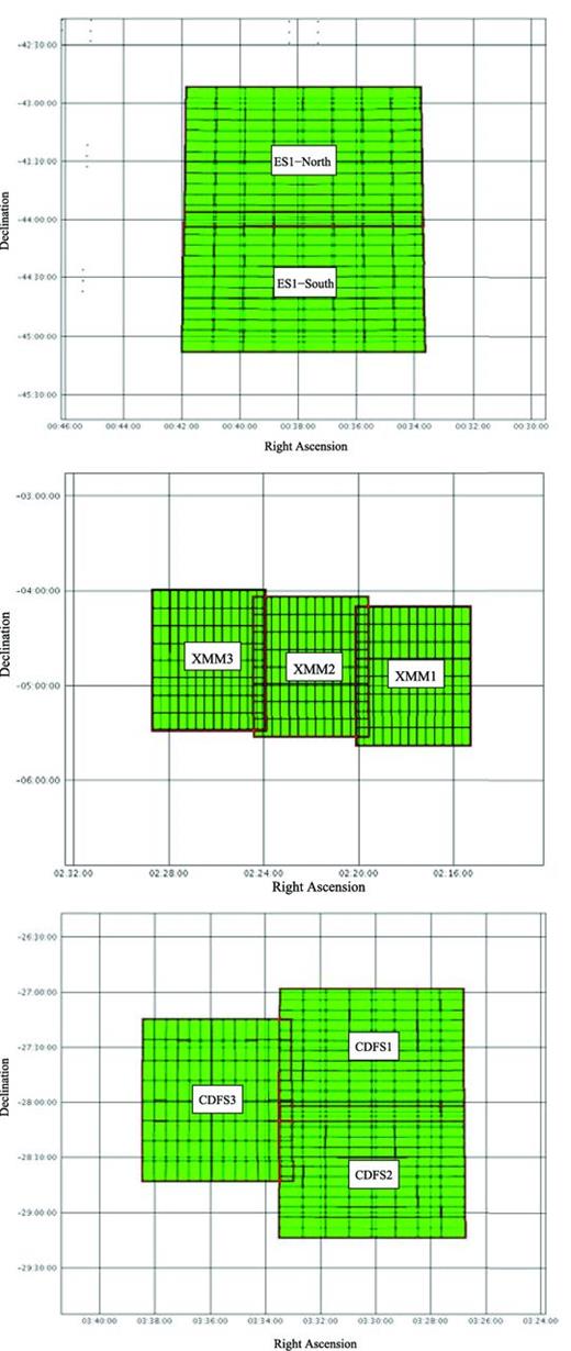 The three areas of sky over which the VIDEO survey will be carried out. From top to bottom: ELAIS-S1 (3 deg2), XMM-LSS (4.5 deg2) and the extended Chandra Deep Field-South (4.5 deg2).