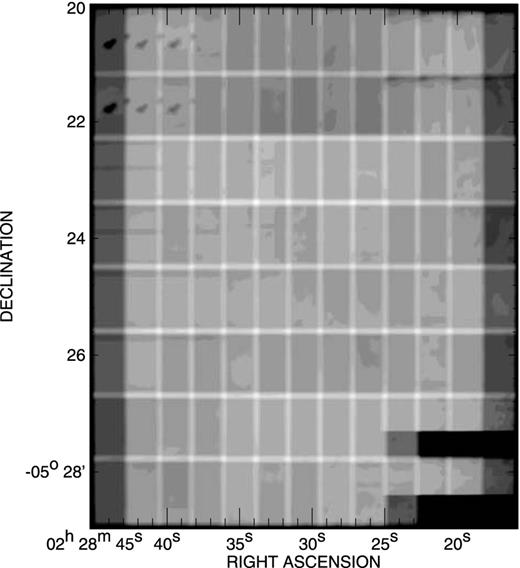 Confidence map of the VIDEO-XMM3 image from the VIDEO Ks band. The dark regions correspond to areas of low confidence due to lower exposure times through the jittering and/or due to detector artefacts and edges. In particular, a region of dead pixels is evident in the upper left detected (detector 1) and a region of increased noise is present in the lower right region in detector 16 (see text for details). The regions of overlap between the individual detectors also have more than the nominal exposure time. Note that this and some other fields are rotated by 90° with respect to the nominal camera rotation.