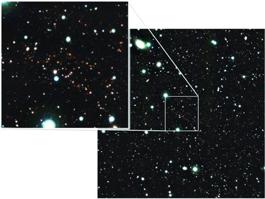 Example YJKs colour image of a 15 × 15 arcmin2 region within the VIDEO-XMM3 field centred on the putative z ∼ 2 galaxy cluster JKCS041 (Andreon & Huertas-Company 2011). The zoomed-in region has a size of 3 × 3 arcmin2 showing the depth and image resolution of the VIDEO data.