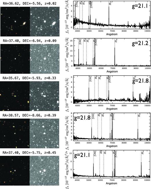 ugr-selected ELGs at z < 0.5. The spectra are represented in fλ convention. The coloured image on the left is courtesy of CFHT cut-out service. The black and white image in the centre is the g band. The observed object is the one in the centre of the images.