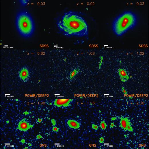 Some examples illustrating our morphological criteria (columns) for different galaxies in our sample. Each row shows galaxies from the different surveys. Please note the different scales of each image due to the different redshift coverage of each survey (lower left-hand corner); according to the cosmology used in this work, 10 arcsec in SDSS are ∼6 kpc at z ∼ 0.03, while 1 arcsec in the HST imaging at z ≥ 1 is ∼8 kpc. Despite the decrease in angular resolution and the cosmological surface brightness dimming with redshift, the exquisite HST depth and resolution (∼10 times better than ground-based SDSS imaging) allow us to explore the morphological nature of the high-z galaxies. Note that irregulars and mergers are in the same morphological class (peculiars).