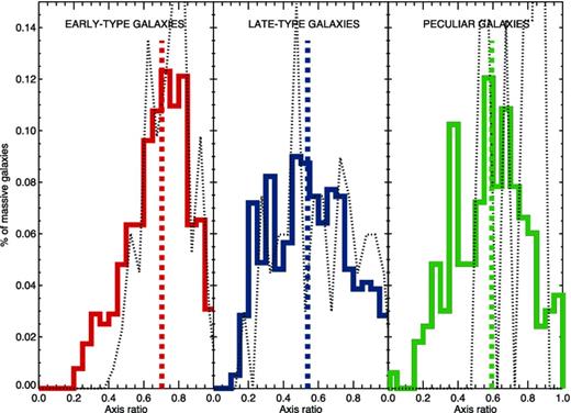 Axis ratio distributions for our whole sample of massive galaxies according to their visual morphology. Vertical dashed lines are the median values of each histogram (0.70, 0.54 and 0.59, respectively). In order to have a local reference, we also overplotted our SDSS sample axis ratio distribution using the thin dotted line. The axis ratio distribution for the discs is rather symmetrical, but this is not the case for early-type objects, which peak at higher axis ratio values. Van der Wel et al. (2011) argued that massive galaxies with axis ratios ≲0.5 are most probably related with late-type objects, as this histograms confirm. Interacting/peculiar galaxies should be taken out of these considerations. The histograms are also in agreement with the estimations of axis ratio distributions for local early-type and late-type objects (Ryden, Forbes & Terlevich 2001; Ryden 2004). This fact highlights the reliability of our visual morphological classification.