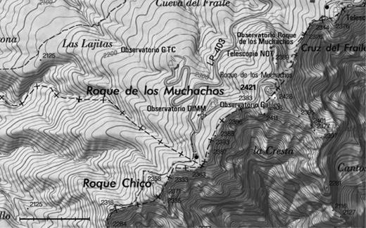 Location of the DIMM@TNG. The instrument is located at the centre of the image (white cross) and is labelled ‘Observatorio DIMM’. The double-black lines are the asphalted access roads to the telescopes, and the light-grey ones are the altitude contour lines. The bar in the lower-left corner represents 500 m and is divided into five fractions of 100 m each.