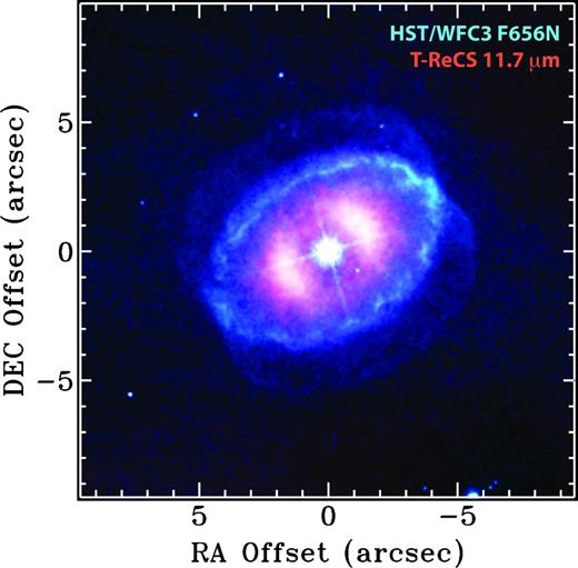 A colour composite of the HST/WFC3 F656N image from Fig. 5(a) displayed in blue/green, and the T-ReCS 11.7 μm image from Fig. 5(c) displayed in red/orange.