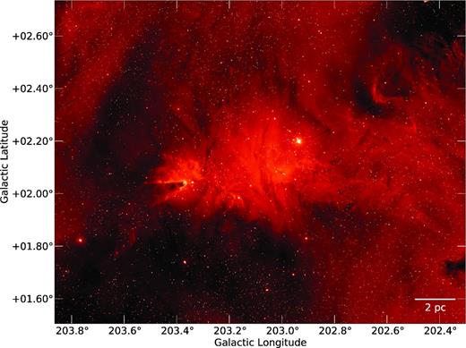Mosaic of IPHAS observations towards NGC 2264 in the Hα band. A few narrow black bands can be seen, which indicate small gaps of missing data which will be completed in a future IPHAS data release.