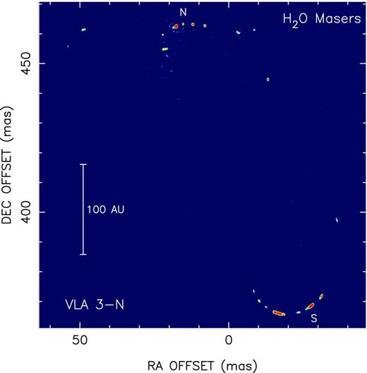 Integrated intensity image of the water maser emission in the region VLA 3-N (dashed square in Fig. 1) for the first epoch of the VLBA observations on 2001 December 2 (the spatial distribution of the water maser emission is very similar in the two other observed epochs, 2002 February 11 and 2002 March 5). The colour intensity scale is saturated at 7 Jy beam−1 (beam ≃ 0.45 mas) to show the full water emission structure. The intensity of all the water masers spots is listed in Table A1 (published online).