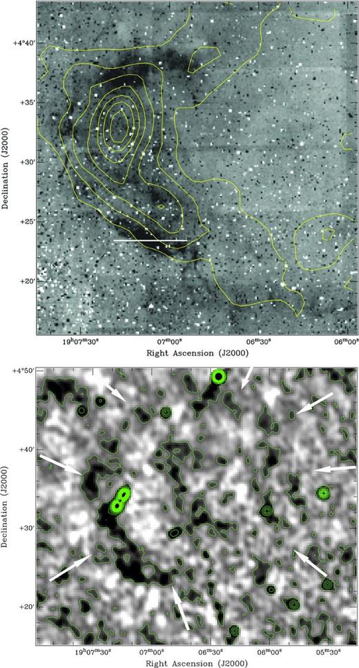 The top panel presents a binned (5 arcsec pixel−1) Hα image of IPHASX J190640.5+042819 from the IPHAS mosaics overlaid with 6 cm contours from the 87 GB survey. Contours go from 0.01 to 0.14 Jy beam−1 in intervals of 0.02 Jy beam−1. There is an excellent match between the Hα and the radio data. The peak flux has 90 mJy. The bottom image presents the NVSS 1.4 GHz (21 cm) radio image. The positional match with Hα and the 6 cm emission is obvious on the eastern side. Due to the improved resolution of ∼45 arcsec, the whole SNR shell (delimited by the white arrows) can be noticed, which enables an updated SNR ID as G038.7−1.3 based on the geometric centre of the shell. The NVSS radio contours go from 0.001 to 0.05 Jy beam−1 in intervals of 0.005 Jy beam−1. The position of the spectrograph slit is indicated.