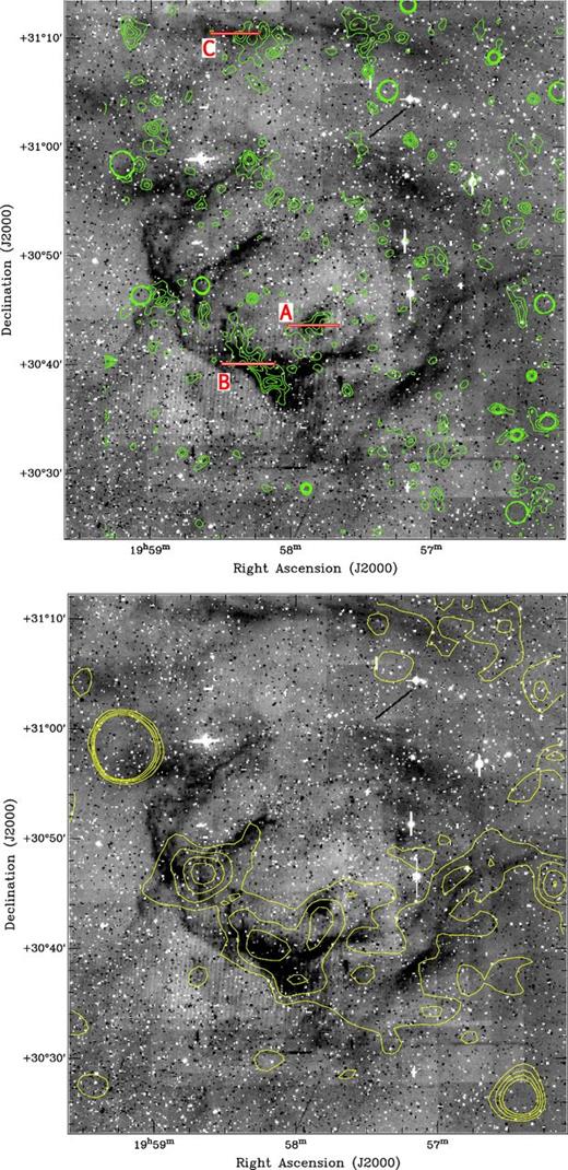 Top panel: the Hα-r image mosaic of IPHASX J195744.9+305306 with 15 pixel binning overlaid with NVSS radio contours in green ranging from 0.0008 to 0.0027 Jy beam−1. The red E–W bars indicate the location of the slits for the different spectral pointings A, B and C with lengths of 5 arcmin. The nebula is in a generally complex environment which makes it harder to define the real limits of the new SNR in Hα at the northern fainter rim (sampled by slit C). The diagonal dark streak is an image artefact (possibly an asteroid trail). Bottom panel: as above, but now with the lower resolution 6 cm 87 GB radio survey data overlaid in yellow contours which range from 0.004 to 0.02 Jy beam−1. As in the case of the 21 cm NVSS data, the 6 cm 87 GB radio emission follows the edges of the SNR very closely and especially along the south-east part of the nebula where the optical emission is strongest. The optical–radio overlap is not as complete as in the case of the SNR IPHASX J190640.5+042819.