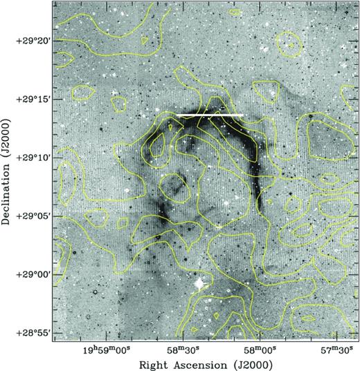Image of new IPHAS SNR IPHASX J195749.2+290259. We show the optical IPHAS Hα image overlaid with yellow 6 cm 87 GB contours which range from 0.0014 to 0.14 Jy beam−1. There is a clear correspondence between the optical and radio emission particularly on the north-west rim. In this case, we did not find any clearly associated 1.4 GHz emission. Again the E–W slit position is marked.