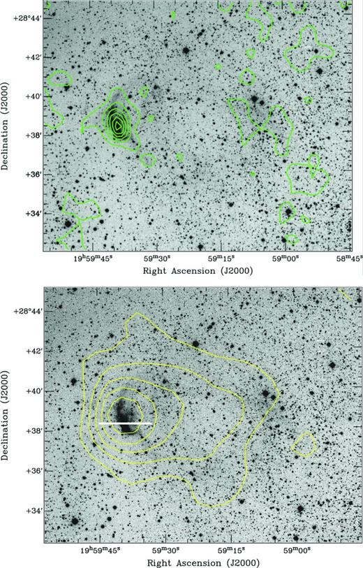 Top panel: full resolution Hα mosaic of potential new SNR IPHASX J195920.4+283740 with the 21 cm NVSS (1.4 GHz) contours emission overlaid. The bottom panel, as above with now the 6 cm 87 GB radio image (4.85 GHz) contours emission overlaid. Those two maps indicate that while the eastern enhanced edge is mapped clearly by the 1.4 GHz emission, the 4.85 GHz radio emission is perfectly coincident with the full optical image which may partially reflect the lower resolution of the 87 GB data. A helium-enriched emission-line star is located close but internal to the eastern arc of the nebulae. Spectrograph slit position marked E–W as before.