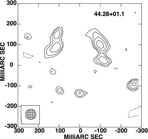 Contour plot at −1, 1, 1.414, 2, 2.828, 4, 5.656, 8, 11.282 × 99 μJy bm−1 of SNR 44.28+61.1. The beam size of 50 × 50 mas is shown in the bottom left-hand panel.