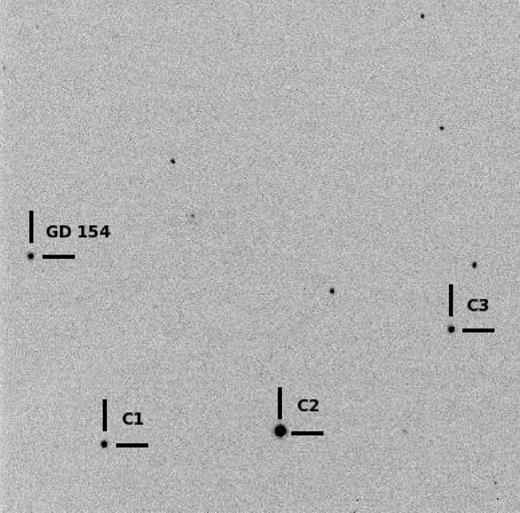 The CCD field with the variable and the comparison stars. The marked stars C1, C2, C3 were used to construct a reference light curve.