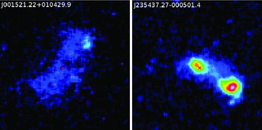 Left-hand panel: the g-filter image of SDSS J0015+0104 in conditional colours, centred at the geometrical centre of the LSB body, marked by cross. The total size of the field is ∼40 arcsec by ∼40 arcsec. North is up, east is to the right. Right-hand panel: the similar image of SDSS J2354−0005. The neighbouring object at ∼10 arcsec to SW is a background galaxy with redshift of ∼0.165 (Guseva et al. 2009). It was masked in making surface photometry of the studied galaxy.