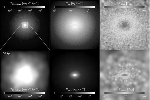 Stacked maps of the baryons associated with the 148 gimic galaxies (from our sample of 617) with halo mass in the range 1012.25 < M200/M⊙ < 1012.50. The galaxies have been rotated so that the angular momentum of stars is parallel to the vertical axis prior to stacking. The maps are 500 kpc across, with the exception of the bottom-left panel, which is zoomed to 50 kpc. Left-hand column: the soft X-ray (0.5–2.0 keV) surface brightness. Centre column: the surface density of hot gas (top) and stars (bottom). Right-hand column: the iron abundance of hot gas (top) and stars (bottom). The X-ray emission is markedly more centrally peaked than the mass distribution of the hot CGM, owing to its strong dependence on density, metallicity and temperature. A halo wide iron abundance gradient is evident in the hot CGM, that does not trace the underlying distribution of stars, indicating the prevalence of metal transport.
