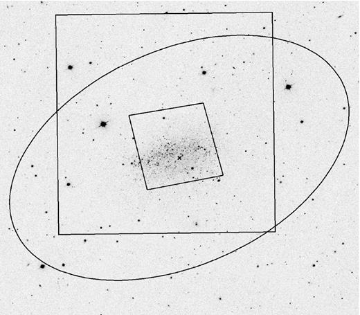 Sloan Digital Sky Survey image of Leo A. The cross and ellipse indicate the centre and extent of the galaxy (RA = 09h59m24${.\!\!\!\!\!\!^{s}}$0, Dec. = 30°44′47′′, r = 8 arcmin; Vansevičius et al. 2004), while the small and large squares show the location of our field of view (FOV) and that of Dolphin et al. (2002), respectively.