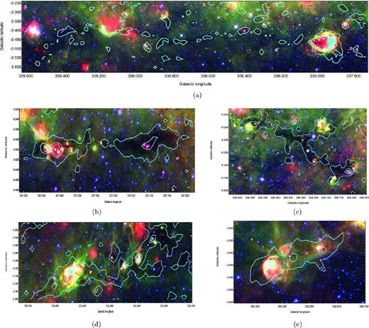 Three colour Spitzer images towards the five filaments selected overlaid with contours of the ATLASGAL 870 μm continuum emission (red: 24 μm MIPSGAL; green: 8 μm InfraRed Array Camera (IRAC); blue: 4.5 μm IRAC, contour levels are 3σ, 10σ and 20σ). Panels (a)–(e) show the images for each filament (A–E, respectively). In all cases, the filaments appear extended along the Galactic plane. Within them we see a range in star formation activity, from infrared-dark to infrared-bright regions.