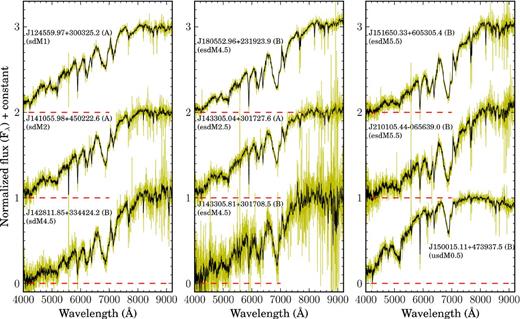 SDSS spectra of nine subdwarf companions in eight wide binary systems. All spectra are normalized at 8000 Å. Spectra are binned by 11 pixels, original spectra are plotted in yellow.