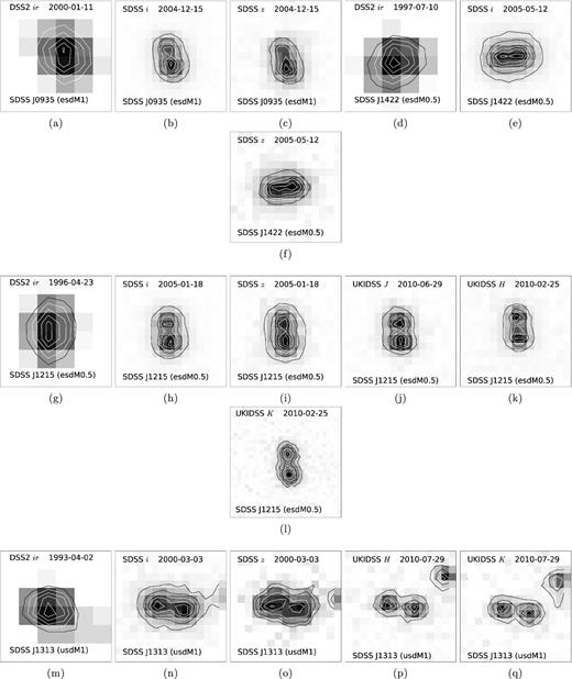 DSS2, SDSS and UKIDSS images of close binaries. All images have a size of 6 arcsec × 6 arcsec with north up and east left. Level differences between contour lines in images are equal and on a linear scale.