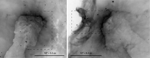 Zoom-ins of the HST/WFC3-UVIS F656N image showing the two pillar tips. The dashed rectangles indicate the location of the two ARGUS IFU pointings. The image grey-scales are inverted and square-root scaled to show the full dynamic range in each region.