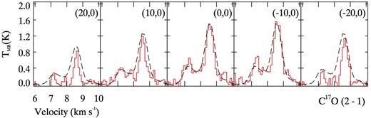 B335: C17O (J = 2-1) line profiles – observed (solid line) and modelled (dashed line). The offset between cells is 10 arcsec.