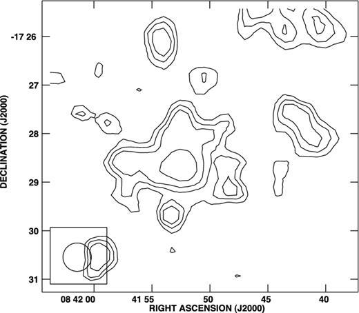 Contour image of the central diffuse radio source identified as a radio halo at the centre of A3411. Discrete sources in the halo region have been subtracted. The HPBW is 35 arcsec. The contours are 0.06, 0.08, 0.10, 0.15, 0.30 and 0.50 mJy beam−1. The noise level is 0.03 mJy beam−1.