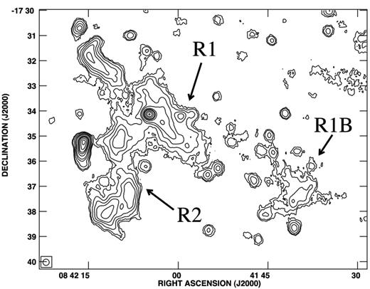 Contour image of the A3411–A3412 region. The HPBW is 15 arcsec. The contours are 0.04, 0.07, 0.15, 0.3, 0.5, 1, 1.5, 2, 3, 4 and 5 mJy beam−1; the noise level is 0.02 mJy beam−1. R1, R1B and R2 refer to the radio structures discussed in the text.