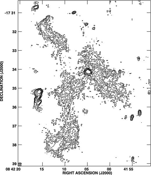 Contour map of the diffuse emission regions R1 and R2 (see the text). The HPBW is 5 arcsec. The levels are 0.04, 0.07, 0.1, 0.15, 0.3, 0.5 and 0.7 mJy beam−1; the noise level is 0.016 mJy beam−1.