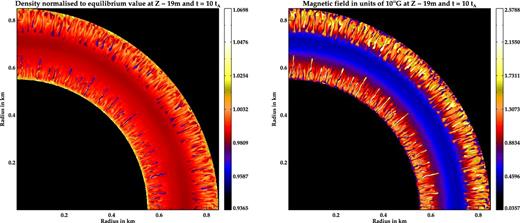 Left: density (normalized to equilibrium value) of a hollow mound at t ∼ 10tA and z ∼ 20 m. The accretion geometry modelled is that of a ring-like mound with hollowed interior. Right: corresponding magnetic field magnitude in units of 1012 G. The finger-like streams throughout the domain show the spread of MHD instabilities at both outer and inner radii of the hollow mound.