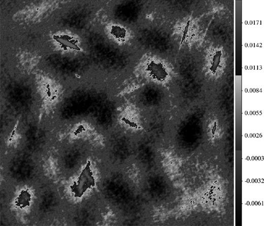 The average residual image of the diffuse structure after subtracting the bright sources by normal calibration. The colour scale is in Jy per PSF.