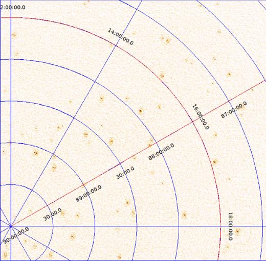 Image of the sky where the bright sources have been calibrated and subtracted from the data to reveal the fainter background sources. The traditional calibration based on a Gaussian noise model is applied.