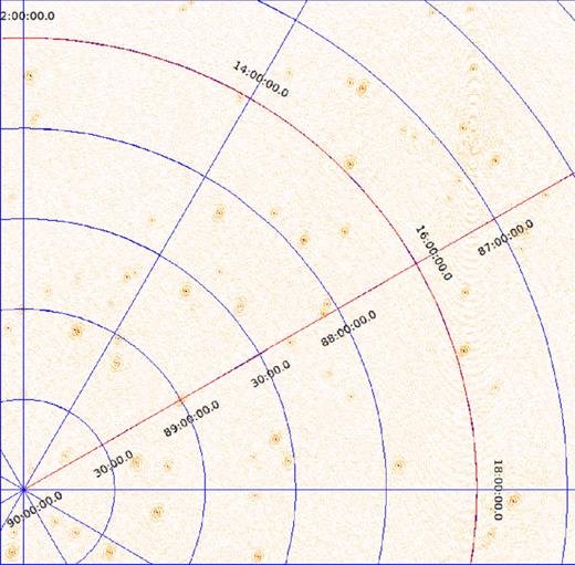 Image of the sky where the bright sources have been calibrated and subtracted from the data to reveal the fainter background sources. The robust calibration proposed in this paper is applied.