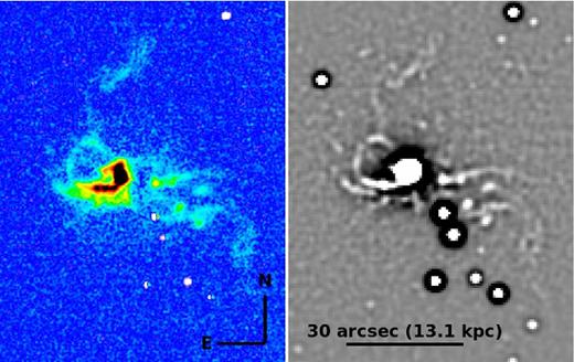 Left: net narrow-band Hα emission image, taken with the SOAR telescope, of the BGG in Abell 3581 after removal of continuum emission with the CTIO 6520/76 filter. Right: the unsharp masked Hα emission image. The initial image has been smoothed by a 2D Gaussian with σ = 1 arcsec, subtracted from the original and binned by 4 pixels (0.6 arcsec) in each direction.