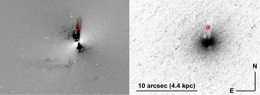 Left: HSTF555W image with a smooth elliptical isophotal model subtracted. The dark feature piercing north–south through the nucleus and turning towards the south-east is absorption from a prominent dust lane. Right: F300X image of the same region. The red circle shows a young star cluster not seen in the visible (F555W and F814W) images. The star cluster coincides with the northern dust lane.