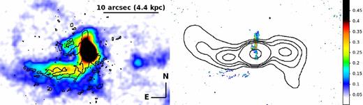 Left: the central region of the net Hα image overlaid with contours of dust absorption. The dust closely coincides with the inner Hα filaments. Right: the relative dust attenuation in the BCG in units of E(B − V) magnitudes after correction for Galactic reddening. Contours of L-band Jansky Very Large Array (JVLA) radio emission, which fill the inner X-ray cavities, are overlaid. The angular scale is the same as the left hand panel.