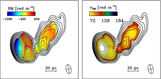 Faraday rotation map of 3C 454.3 based on quasi-simultaneous observations at 8.1, 8.4, 12.12 and 15.37 GHz performed on 2006 March 9 (left) and its corresponding 1σ uncertainties for each pixel (right, see Hovatta et al. 2012 for details).