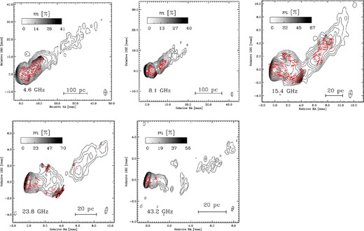 VLBA images of 3C 454.3 at 4.6, 8.1, 15.4, 23.8 and 43.2 GHz (from top left to bottom right, respectively) observed on 2009 September 22. Contours give the total intensity (logarithmic scale) and colour shows the degree of linear polarization (linear scale). The degree of polarization is only presented where polarized flux is above four times the rms noise level of each map. The synthesized beams used for the maps are presented at the bottom right of each image. Red ticks represent the direction of the apparent RM-corrected magnetic field.