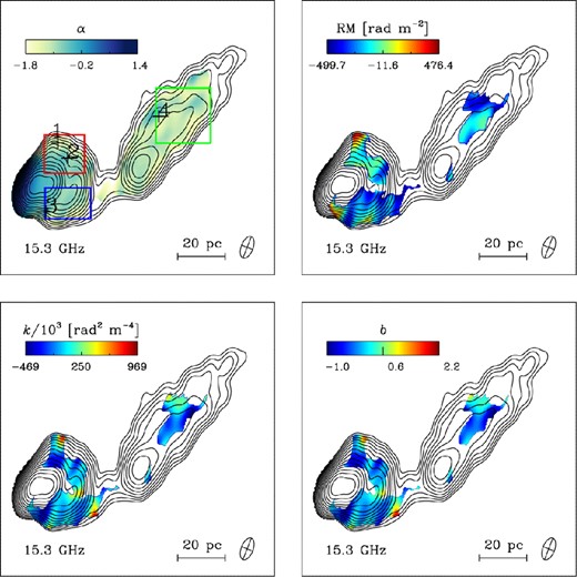 15.3 GHz contour maps of total intensity (logarithmic scale) superimposed with spectral index (α), Faraday RM, Burn law k and power-law index b (m ∝ λb) (from top left to bottom right, respectively) for 2005 May 19 observations. The red, blue and green rectangles indicate the regions for the histograms of Fig. 12. Crosses mark the pixels for which example least-squares fits are shown in Fig. 11 (see also Appendix A). The synthesized beams are plotted at the bottom-left corner of each image.