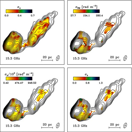 1σ error values corresponding to the maps presented in Fig. 6, estimated from the uncertainty of the least-χ2 fits.