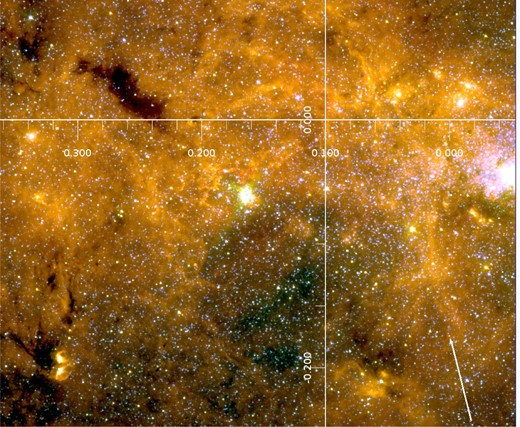 Colour composite Spitzer IRAC image of the GC: red at ∼8 μm, green at ∼5.8 μm, blue at ∼3.6 μm. The image size is 24.8 arcmin × 20.5 arcmin corresponding to 60 pc × 50 pc at a distance of 8 kpc. Galactic coordinates are indicated. The arrow at the lower-right corner points to WR 102ka. The length of the arrow is 250 arcsec (≈10 pc). The bright cluster at the right edge of the image is the Central Cluster around Sgr A*.