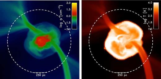 Slices of gas density (left) and temperature (right) when the metallicity of the gas was first made non-zero. The dashed circle denotes the region in which the gas metallicity was first set to a non-zero value. Cold accretion streams that penetrate the virial shock of the halo and account for most of gas accretion are readily apparent.